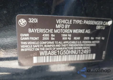 2017 BMW 320I из США, поврежденный, VIN WBA8E1G50HNU12491